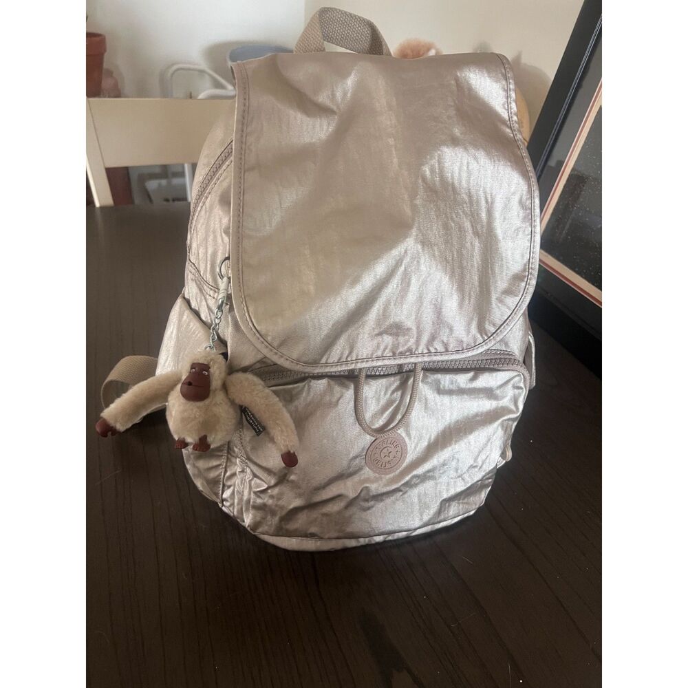 Kipling Silver Metallic Mini Backpack Bag Purse with Furry Monkey Keychain